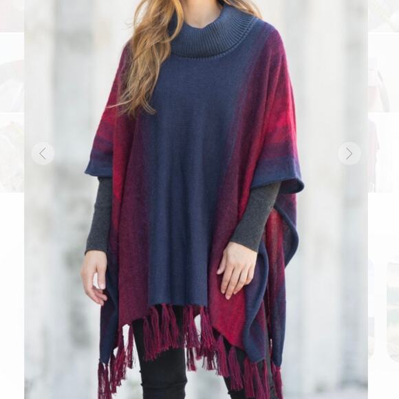 Overland Tiana Painted Alpaca and Organic Cotton Poncho OS Blue Red Mix - Picture 1 of 9